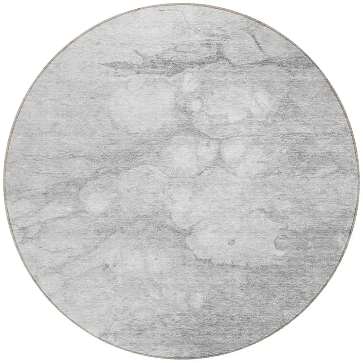 8' Silver Gray And Ivory Round Abstract Washable Indoor Outdoor Area Rug
