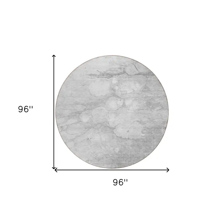 8' Silver Gray And Ivory Round Abstract Washable Indoor Outdoor Area Rug