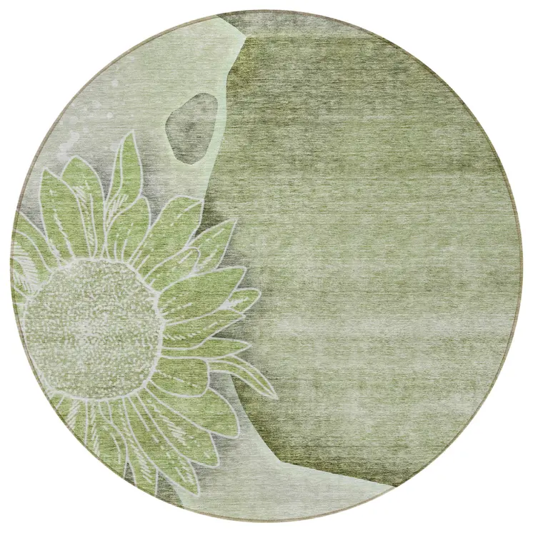 8' Artichoke Green And Gray Round Floral Washable Indoor Outdoor Area Rug