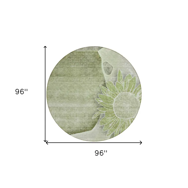 8' Artichoke Green And Gray Round Floral Washable Indoor Outdoor Area Rug