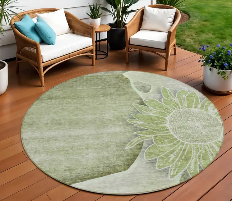 8' Artichoke Green And Gray Round Floral Washable Indoor Outdoor Area Rug