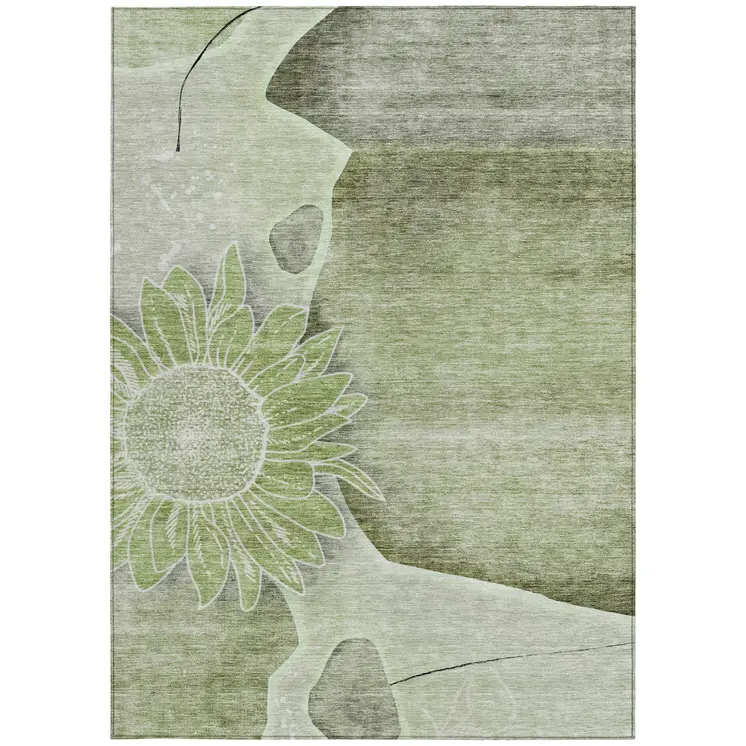 8' X 10' Artichoke Green And Gray Floral Washable Indoor Outdoor Area Rug