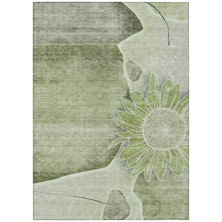 8' X 10' Artichoke Green And Gray Floral Washable Indoor Outdoor Area Rug