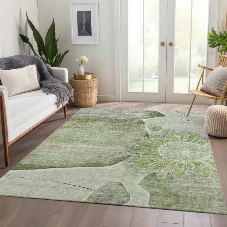 8' X 10' Artichoke Green And Gray Floral Washable Indoor Outdoor Area Rug