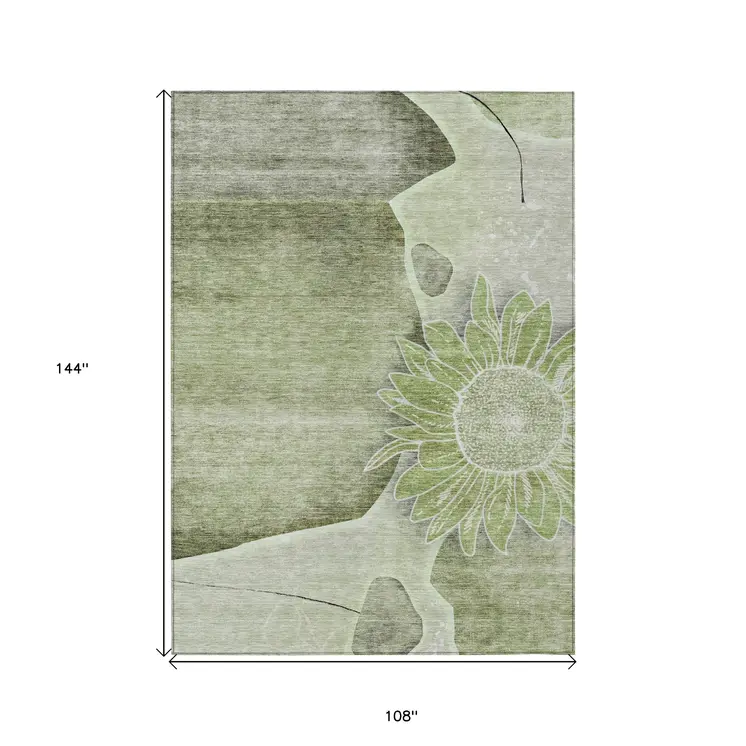 9' X 12' Artichoke Green And Gray Floral Washable Indoor Outdoor Area Rug