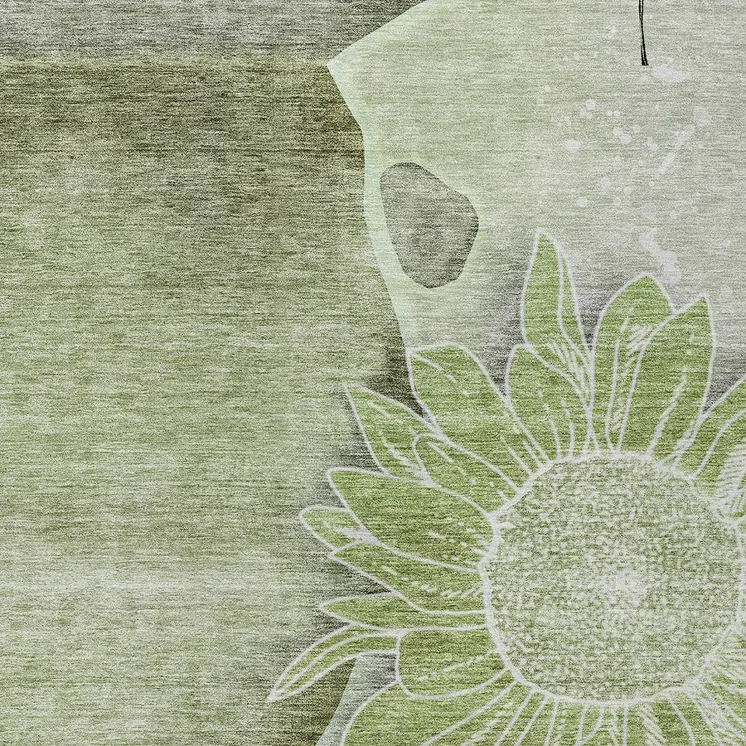 9' X 12' Artichoke Green And Gray Floral Washable Indoor Outdoor Area Rug