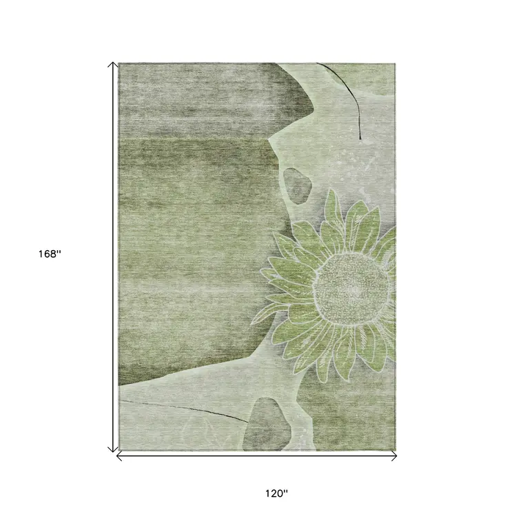 10' X 14' Artichoke Green And Gray Floral Washable Indoor Outdoor Area Rug