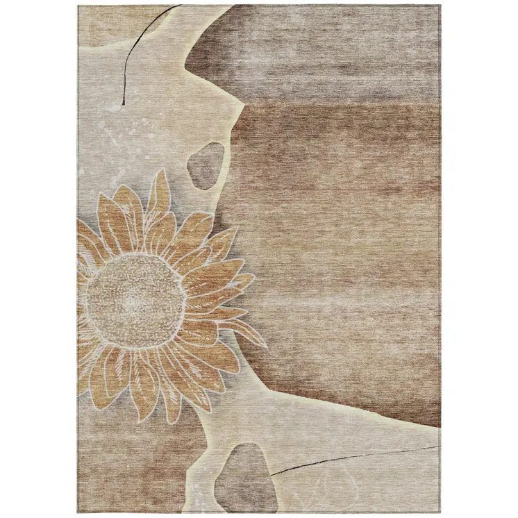 8' X 10' Brown Beige And Taupe Floral Washable Indoor Outdoor Area Rug