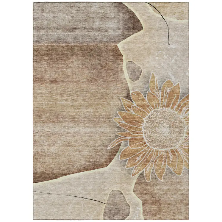 8' X 10' Brown Beige And Taupe Floral Washable Indoor Outdoor Area Rug