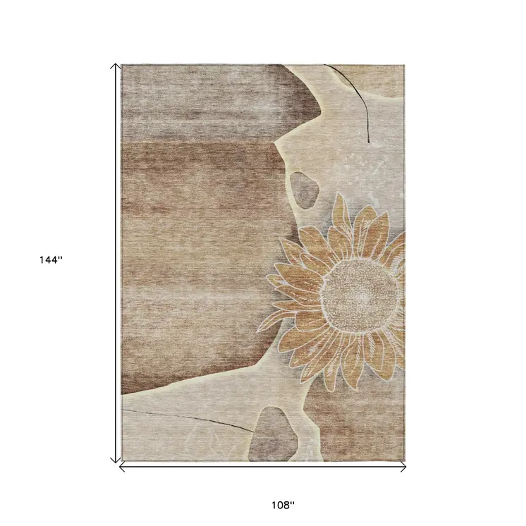 9' X 12' Brown Beige And Taupe Floral Washable Indoor Outdoor Area Rug
