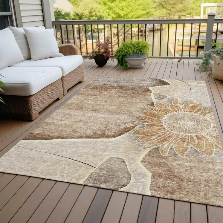 9' X 12' Brown Beige And Taupe Floral Washable Indoor Outdoor Area Rug