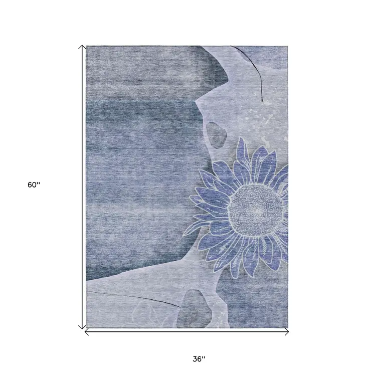 3' X 5' Sky Blue And Indigo Floral Washable Indoor Outdoor Area Rug