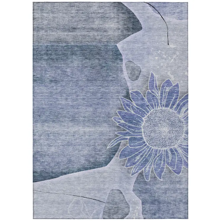 3' X 5' Sky Blue And Indigo Floral Washable Indoor Outdoor Area Rug