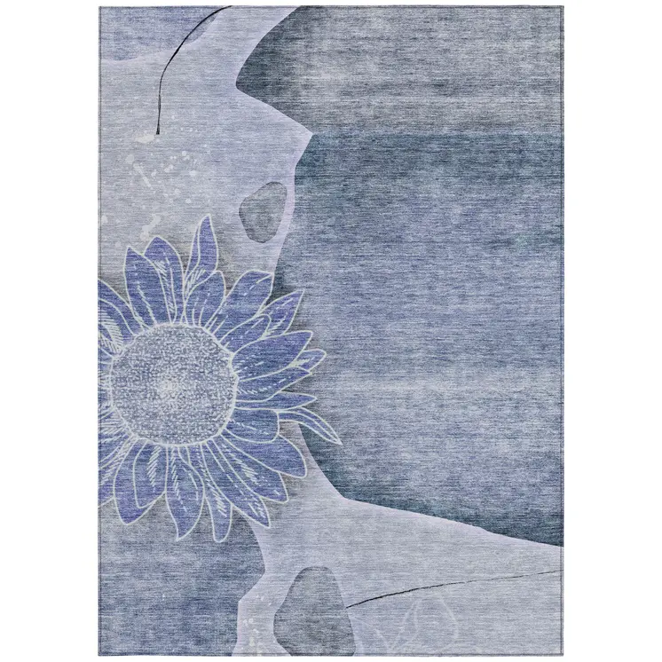 5' X 8' Sky Blue And Indigo Floral Washable Indoor Outdoor Area Rug