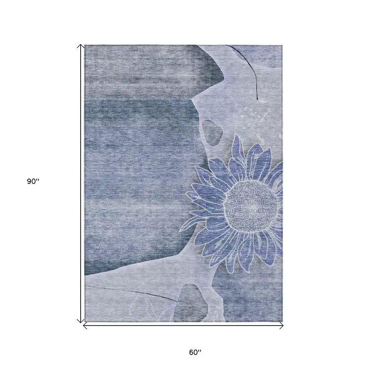5' X 8' Sky Blue And Indigo Floral Washable Indoor Outdoor Area Rug