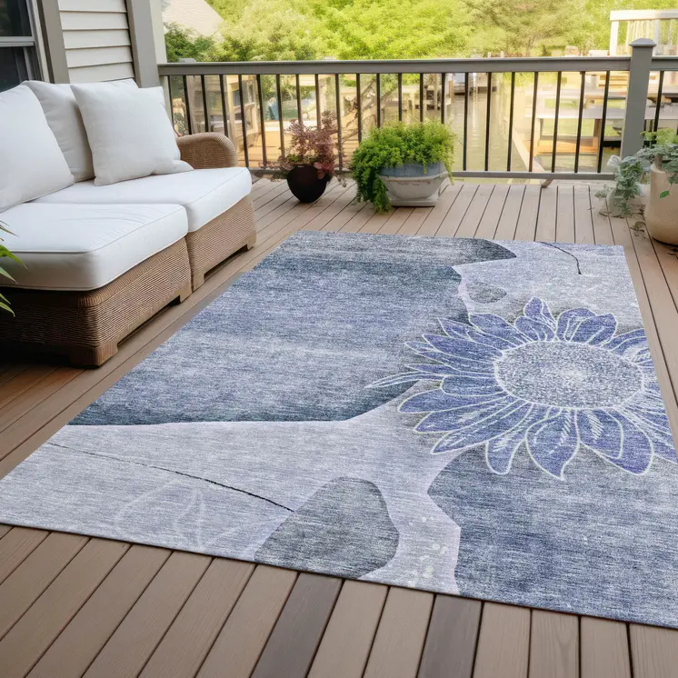 5' X 8' Sky Blue And Indigo Floral Washable Indoor Outdoor Area Rug