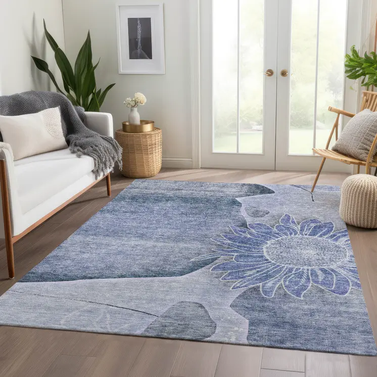 5' X 8' Sky Blue And Indigo Floral Washable Indoor Outdoor Area Rug