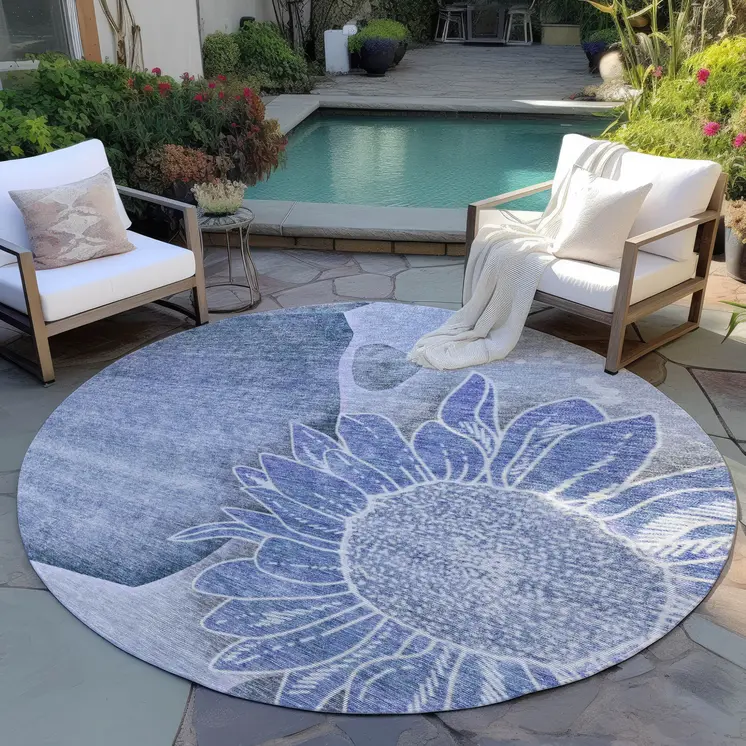 8' Sky Blue And Indigo Round Floral Washable Indoor Outdoor Area Rug