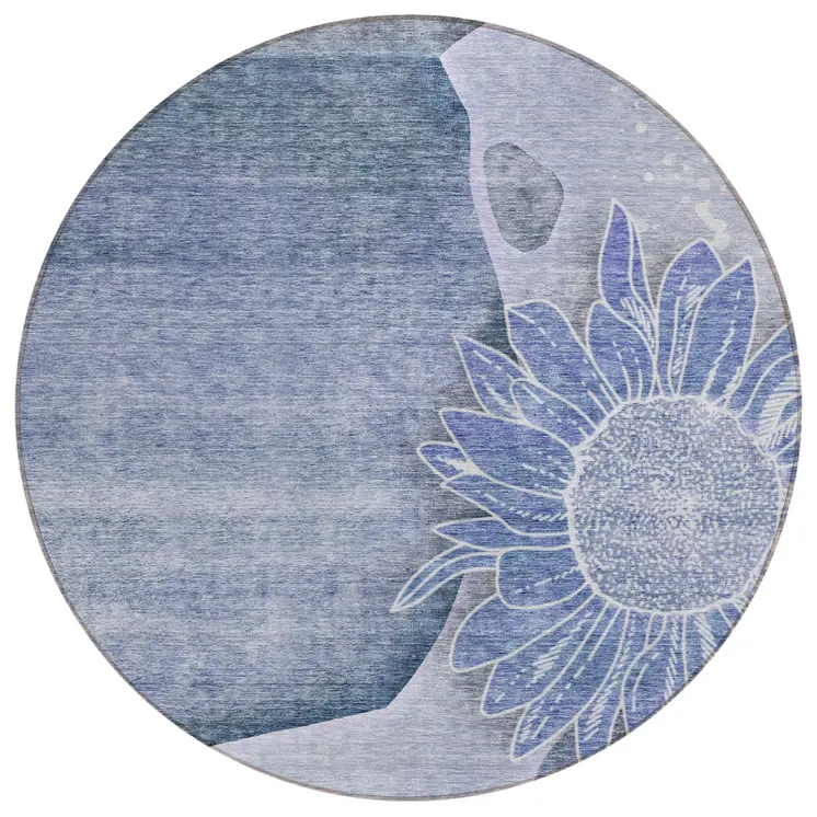 8' Sky Blue And Indigo Round Floral Washable Indoor Outdoor Area Rug