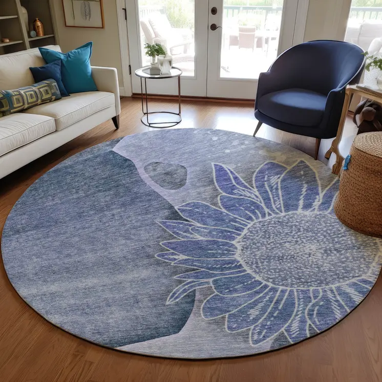 8' Sky Blue And Indigo Round Floral Washable Indoor Outdoor Area Rug