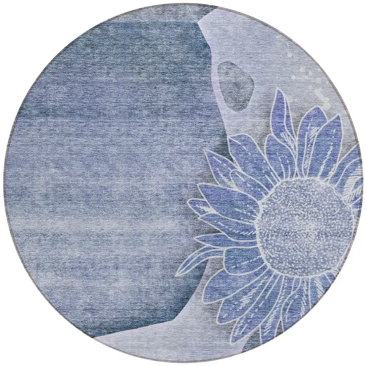 8' Sky Blue And Indigo Round Floral Washable Indoor Outdoor Area Rug