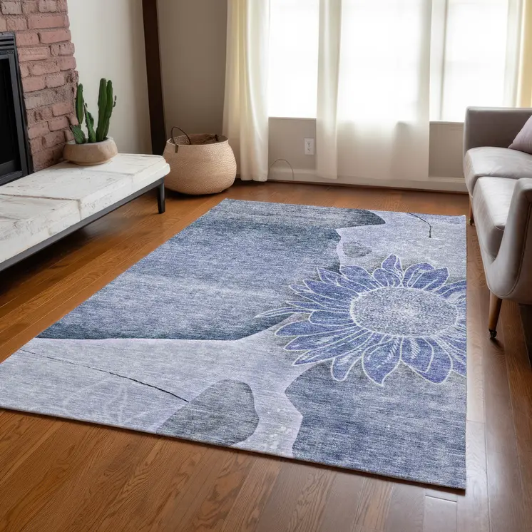 9' X 12' Sky Blue And Indigo Floral Washable Indoor Outdoor Area Rug