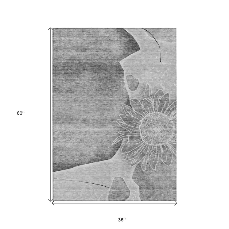 3' X 5' Gray Silver And Charcoal Floral Washable Indoor Outdoor Area Rug