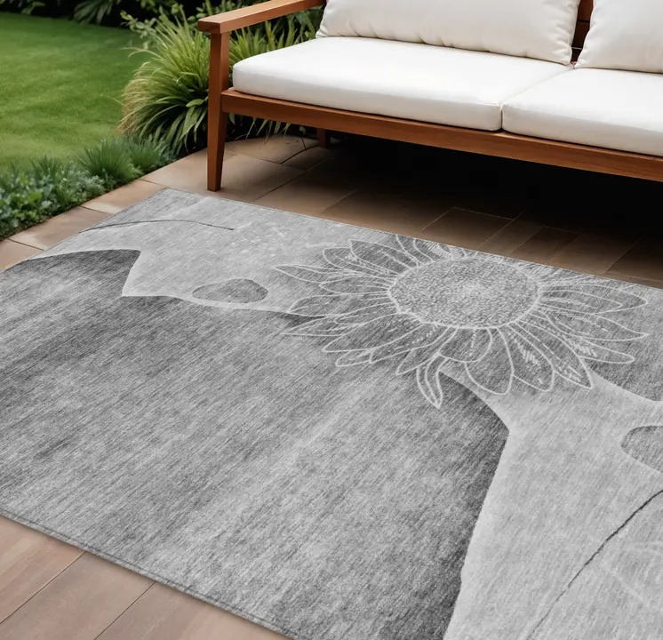 8' X 10' Gray Silver And Charcoal Floral Washable Indoor Outdoor Area Rug