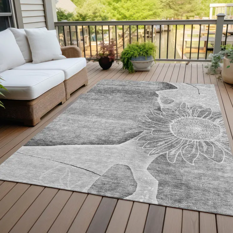 8' X 10' Gray Silver And Charcoal Floral Washable Indoor Outdoor Area Rug