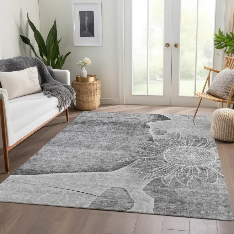 8' X 10' Gray Silver And Charcoal Floral Washable Indoor Outdoor Area Rug