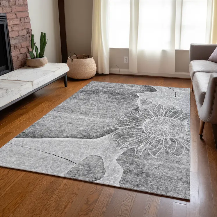 8' X 10' Gray Silver And Charcoal Floral Washable Indoor Outdoor Area Rug