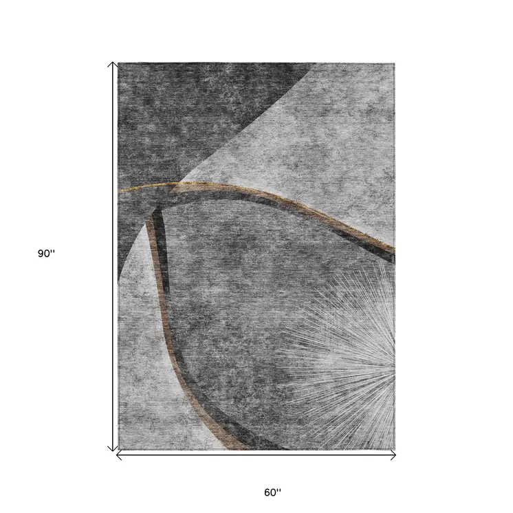 5' X 8' Gray Chocolate And Silver Abstract Washable Indoor Outdoor Area Rug