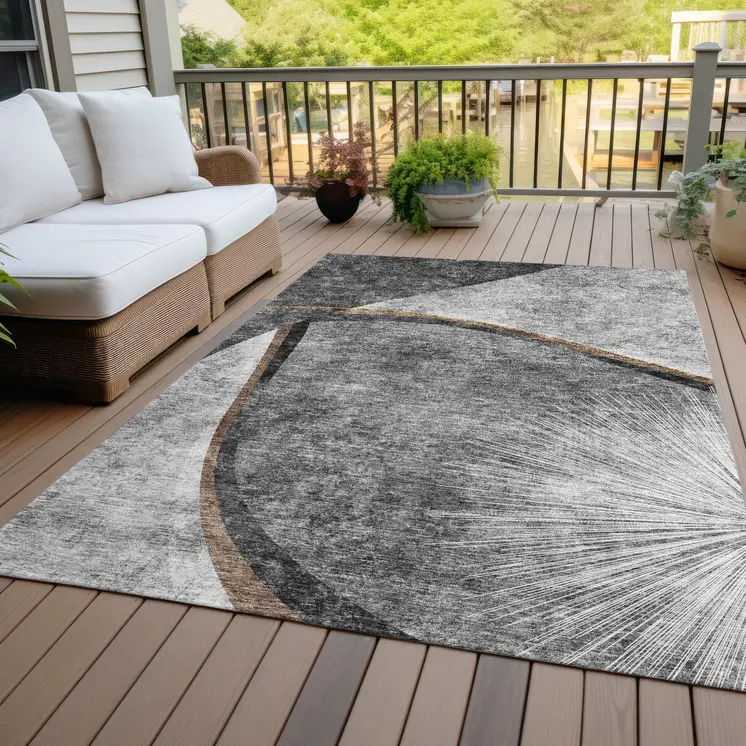 5' X 8' Gray Chocolate And Silver Abstract Washable Indoor Outdoor Area Rug