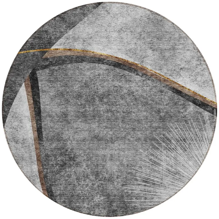 8' Gray Chocolate And Silver Round Abstract Washable Indoor Outdoor Area Rug