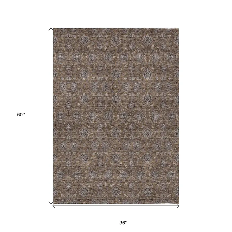 3' X 5' Chocolate And Gray Floral Washable Indoor Outdoor Area Rug