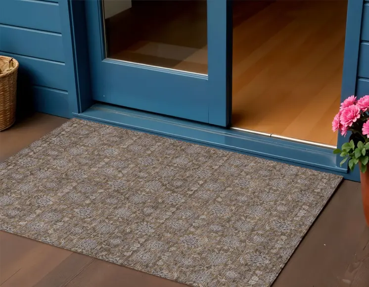 3' X 5' Chocolate And Gray Floral Washable Indoor Outdoor Area Rug