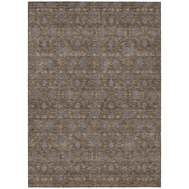3' X 5' Chocolate And Gray Floral Washable Indoor Outdoor Area Rug