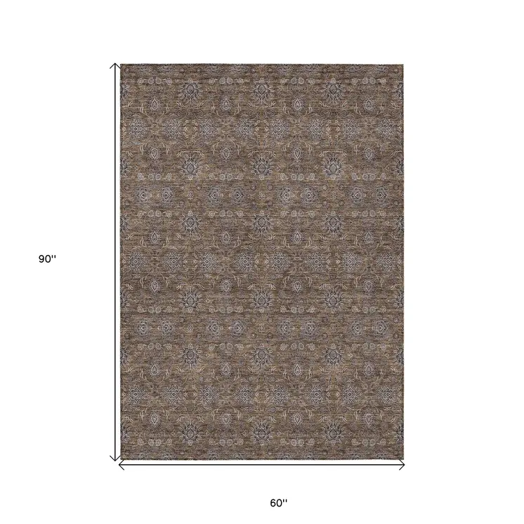 5' X 8' Chocolate And Gray Floral Washable Indoor Outdoor Area Rug
