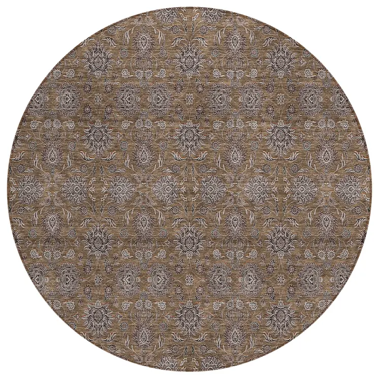 8' Chocolate And Gray Round Floral Washable Indoor Outdoor Area Rug
