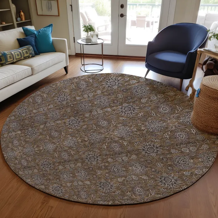 8' Chocolate And Gray Round Floral Washable Indoor Outdoor Area Rug
