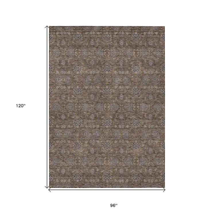 8' X 10' Chocolate And Gray Floral Washable Indoor Outdoor Area Rug