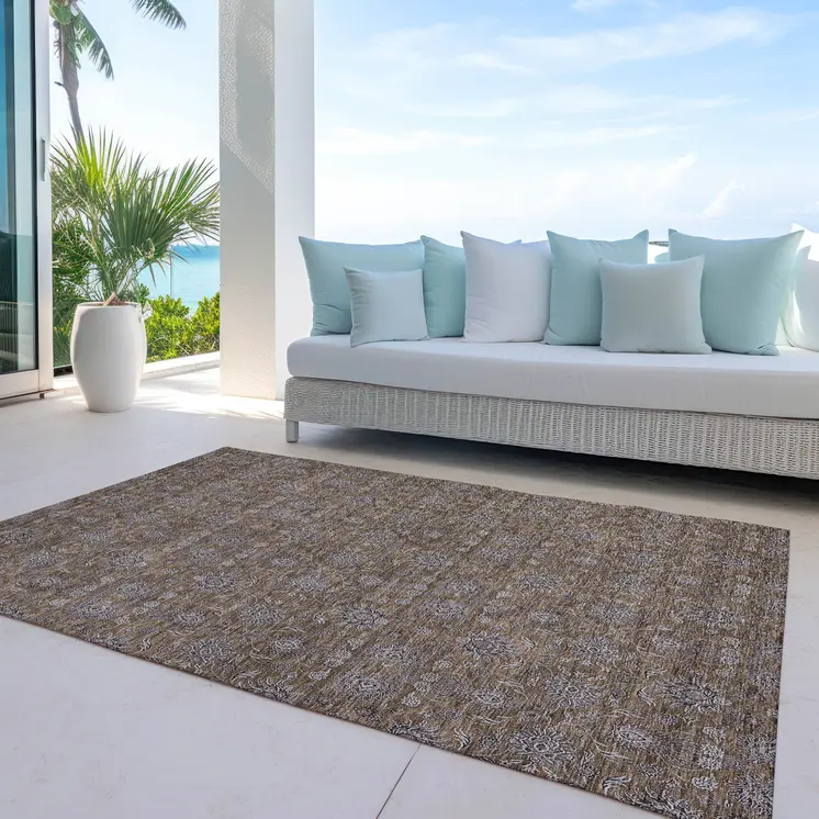 8' X 10' Chocolate And Gray Floral Washable Indoor Outdoor Area Rug
