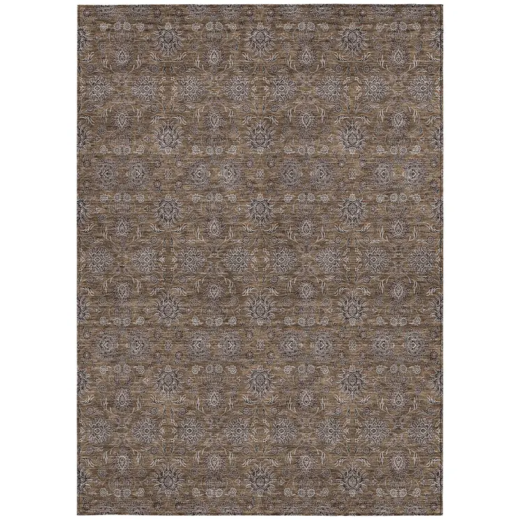 10' X 14' Chocolate And Gray Floral Washable Indoor Outdoor Area Rug
