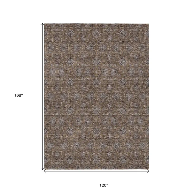 10' X 14' Chocolate And Gray Floral Washable Indoor Outdoor Area Rug
