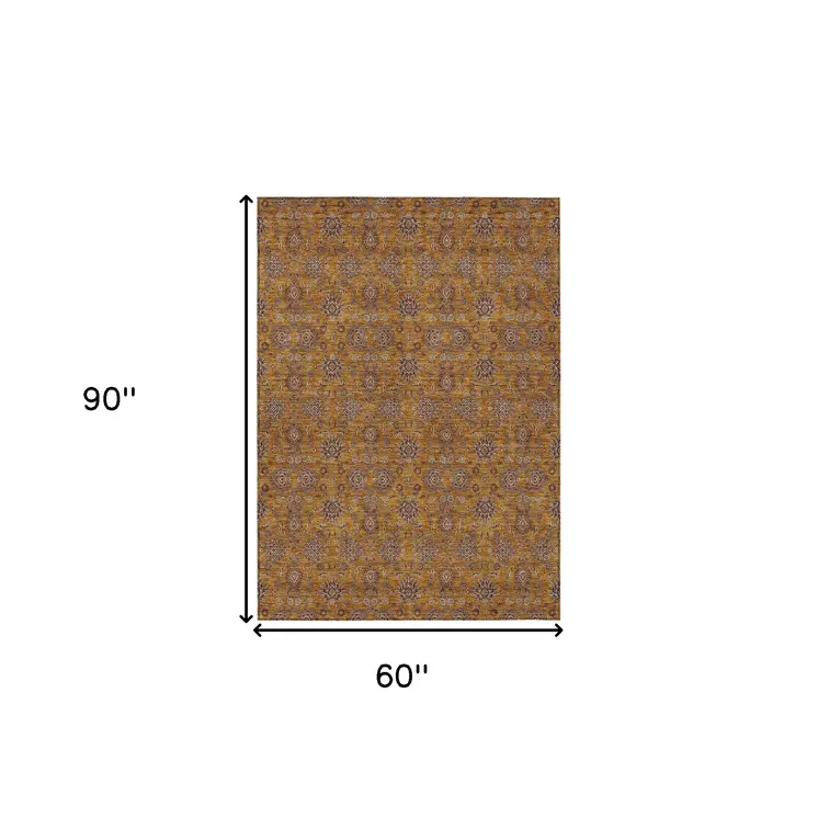 5' X 8' Copper Beige And Taupe Floral Washable Indoor Outdoor Area Rug