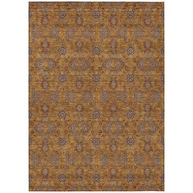 5' X 8' Copper Beige And Taupe Floral Washable Indoor Outdoor Area Rug