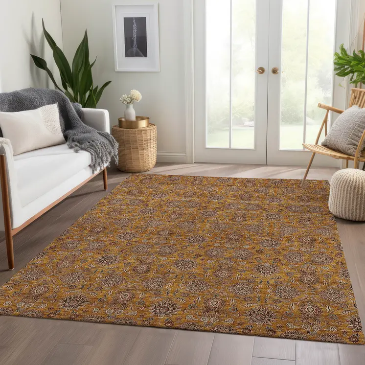5' X 8' Copper Beige And Taupe Floral Washable Indoor Outdoor Area Rug