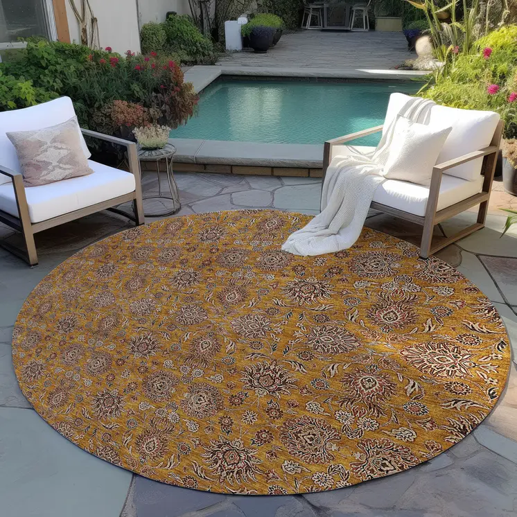 8' Copper Beige And Taupe Round Floral Washable Indoor Outdoor Area Rug