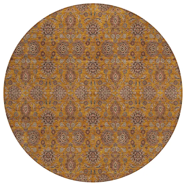 8' Copper Beige And Taupe Round Floral Washable Indoor Outdoor Area Rug