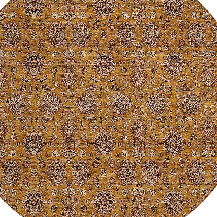 8' Copper Beige And Taupe Round Floral Washable Indoor Outdoor Area Rug